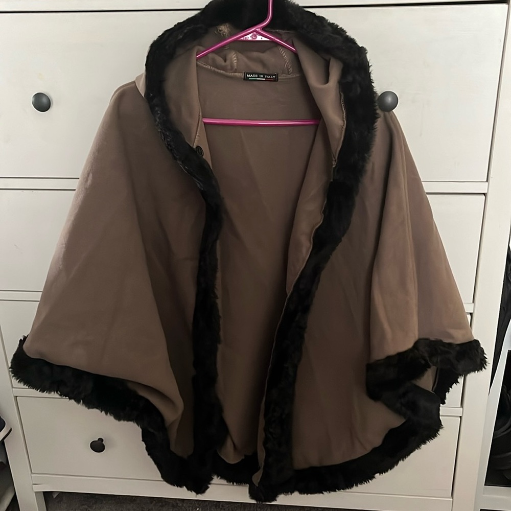 Dark gray and black fur lined cape